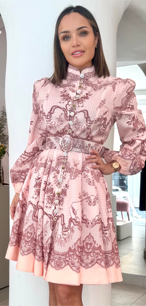 AMALFI - OBLEKA S POTISKOM ČIPKE V ROZA BARVI