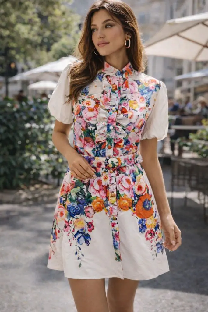 AMALFI - KRAJŠA CVETLIČNA OBLEKA V BELI BARVI