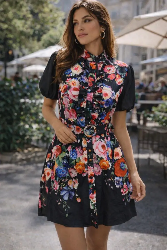 AMALFI - KRAJŠA CVETLIČNA OBLEKA V ČRNI BARVI