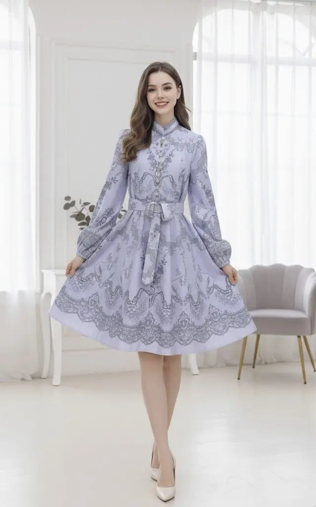 AMALFI - OBLEKA S POTISKOM ČIPKE  V MODRI BARVI