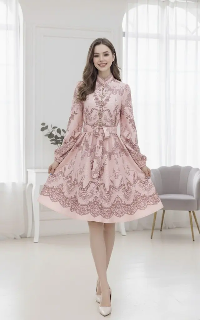 AMALFI - OBLEKA S POTISKOM ČIPKE V ROZA BARVI