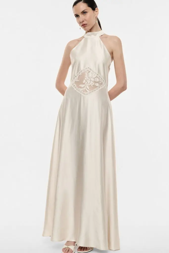 IMPERIAL FASHION - SATENASTA OBLEKA Z LACE CUT OUT V BEIGE BARVI