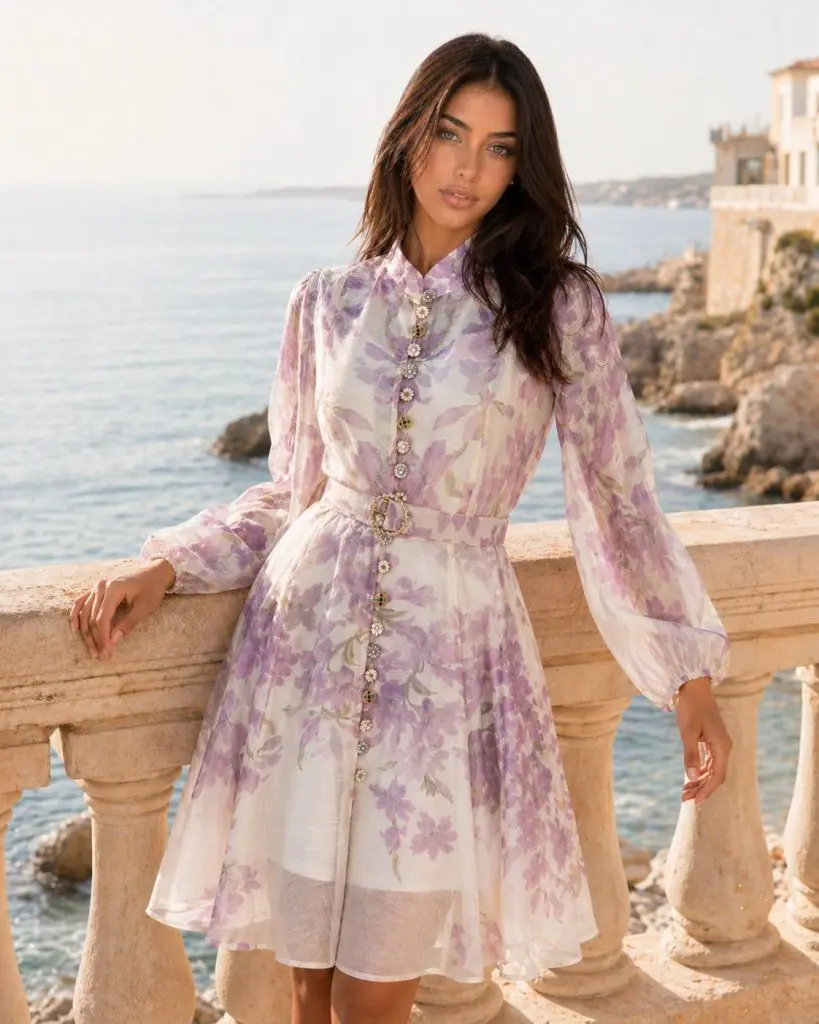 AMALFI - OBLEKA S POTISKOM CVETLIC V LILA BARVI