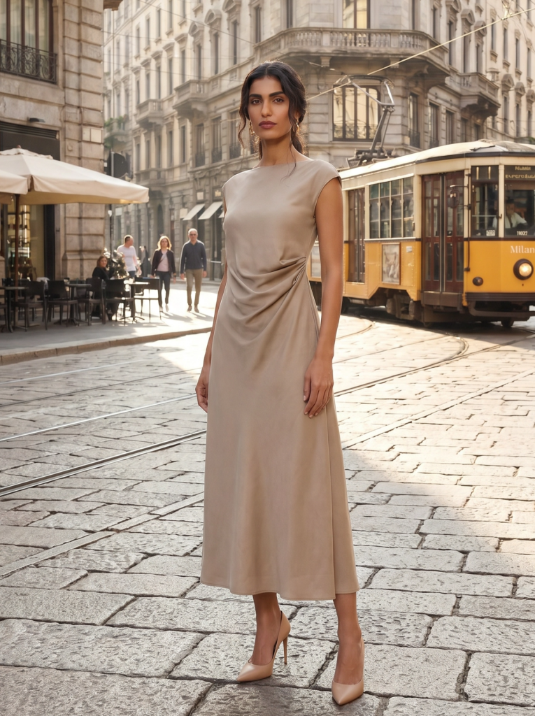 IMPERIAL FASHION - RAHLO NABRANA SATENASTA OBLEKA V TAUPE BARVI
