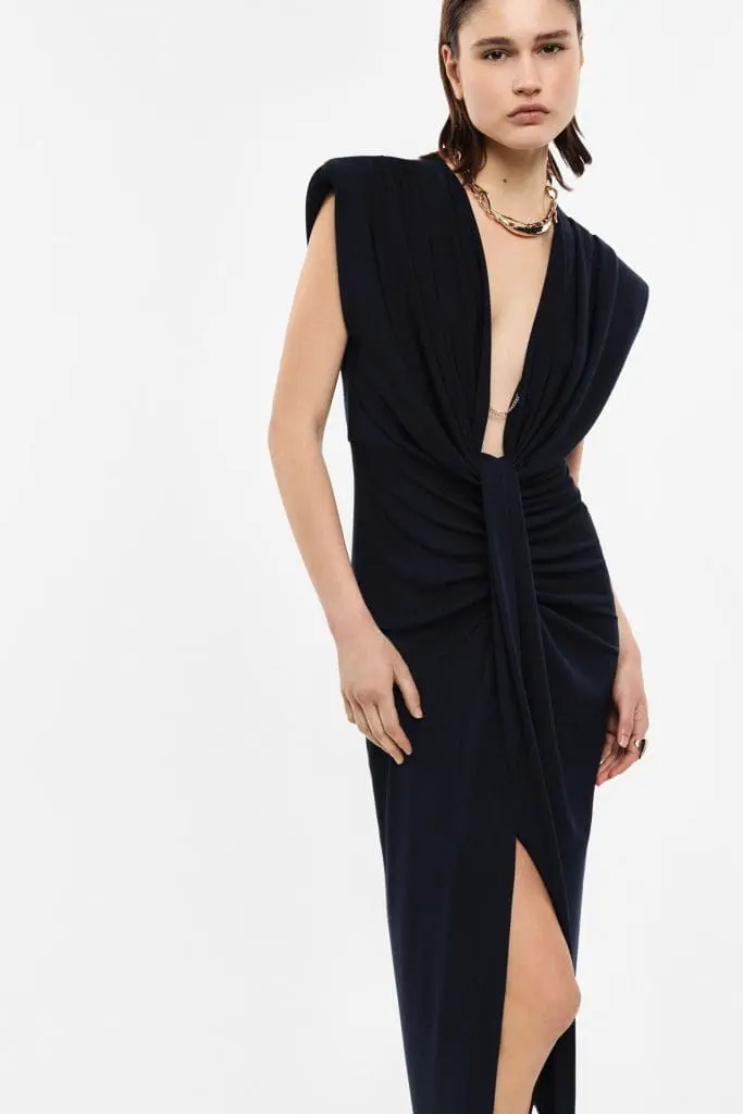 IMPERIAL FASHION - OBLEKA S STRUKTURIRANIMI RAMENI V TEMNO MODRI